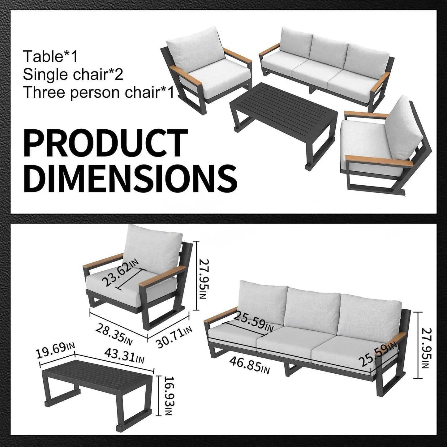General Aluminum Outdoor Sofa 4 Seats Set With Coffee Table