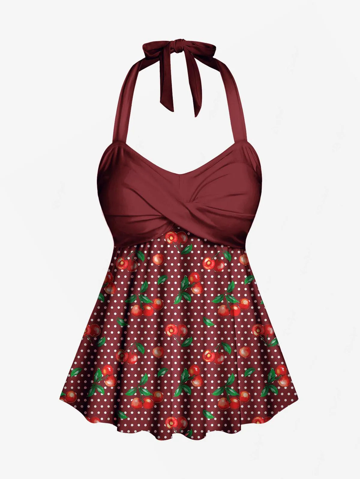 Retro Cherry Dots Print Halter Tankini Swimsuit for Women