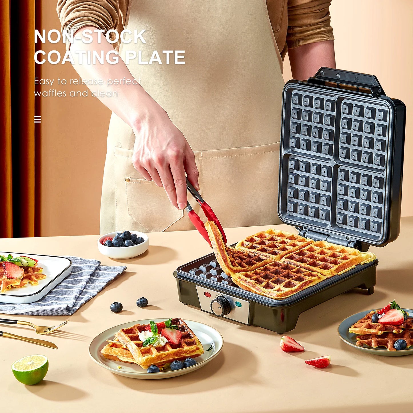 4 Slice Belgian Waffle Maker with 3 Browning Levels Nonstick Square Plates 1200 Watts Compact Design