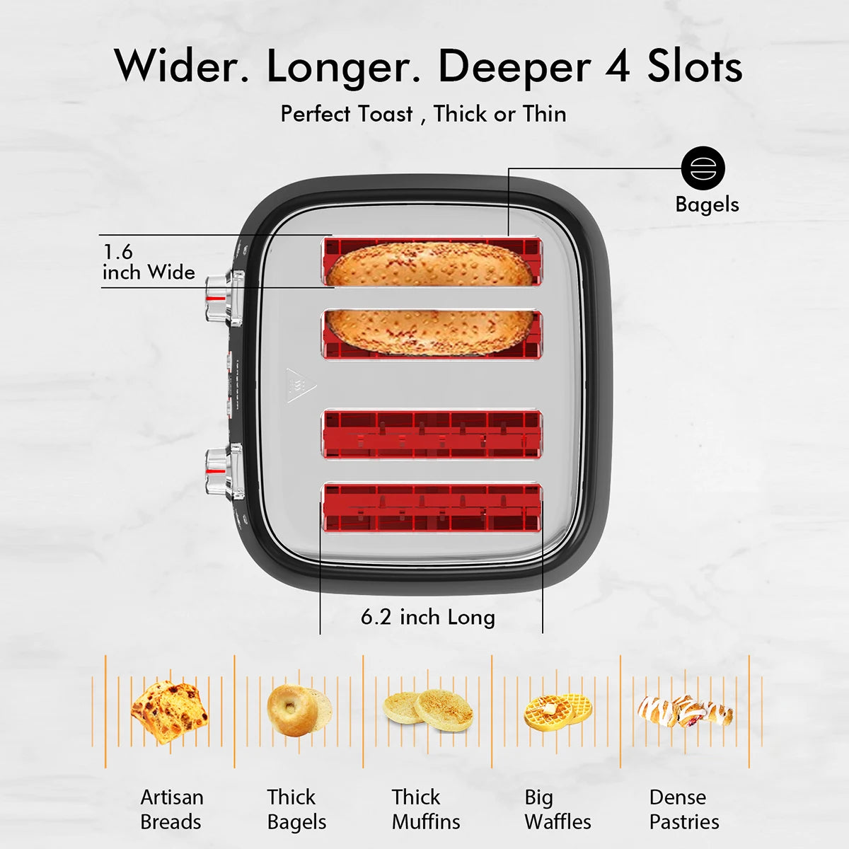 4 Slice Toaster with 1.5 Inch Extra Wide Stainless Steel Slots Dual Controls Removable Crumb Tray and 6 Shade Settings in Black