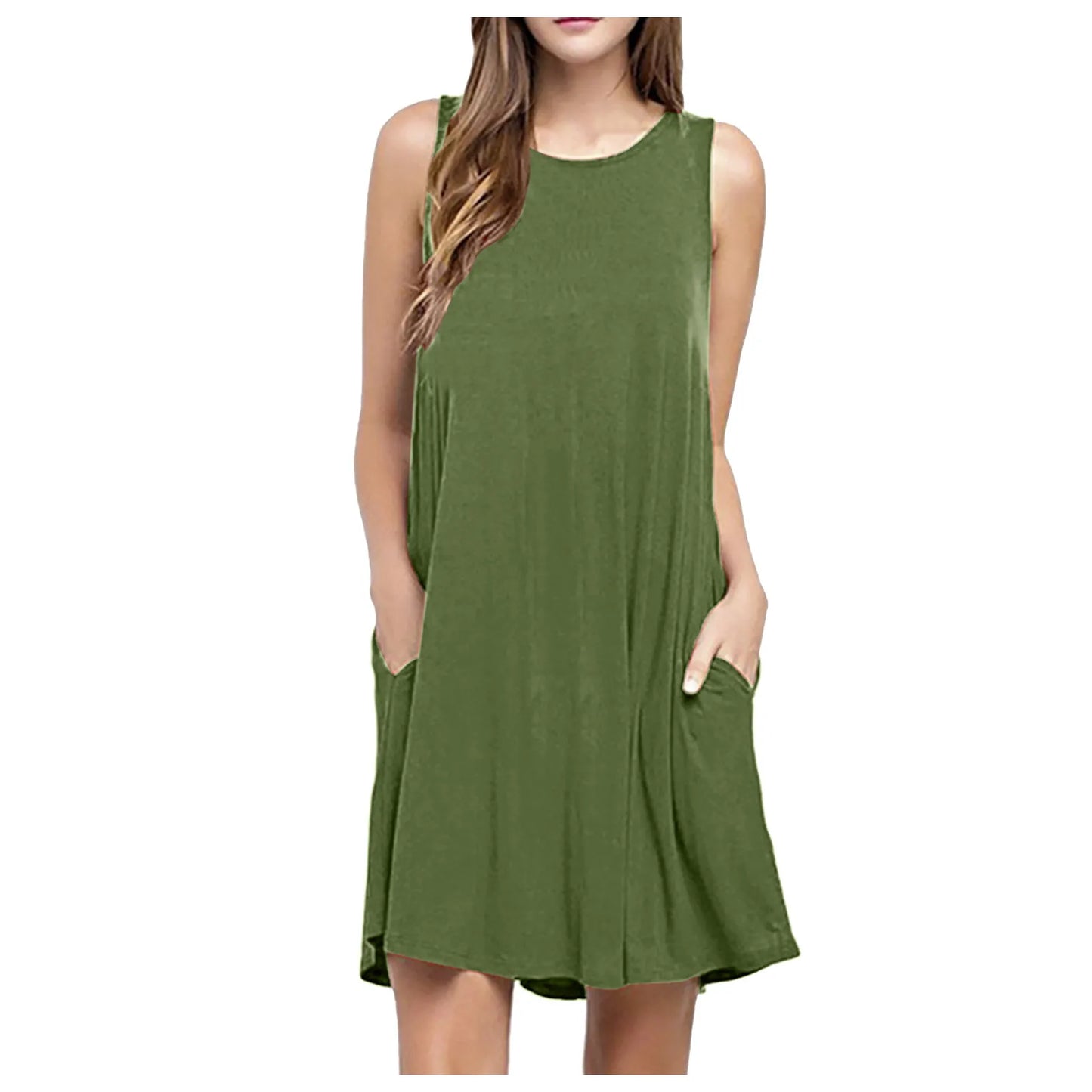 Women Summer Casual Pleated Tank Dress with Pockets
