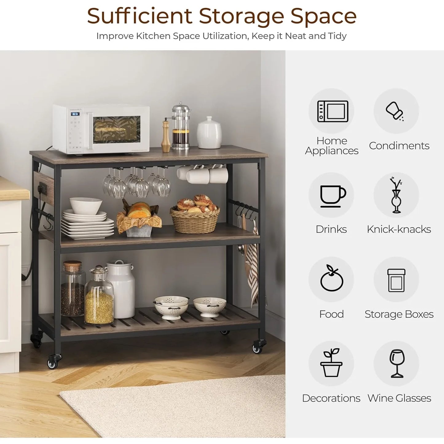 Versatile Kitchen Island Cart with Power Outlet and Hooks