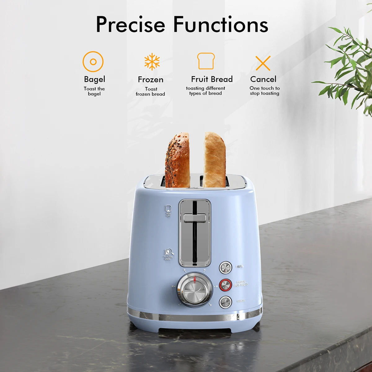 2 Slice Toaster with 1.5 Inch Extra Wide Slots Removable Crumb Tray Six Browning Settings Auto Shut Off and Frozen Function Blue