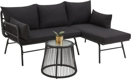 L-Shaped Outdoor Patio Conversation Set with Thick Cushions
