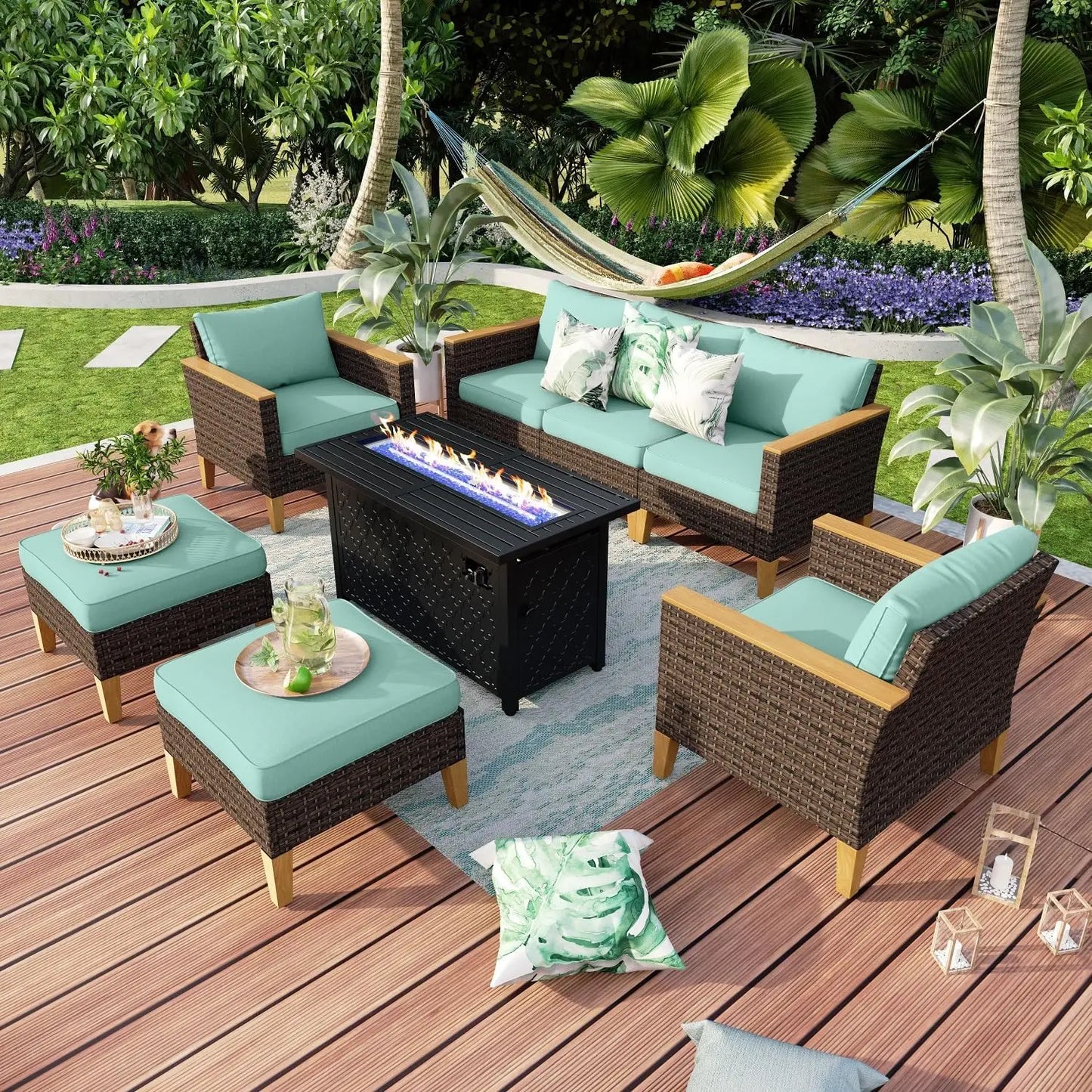 9 Piece Wicker Patio Furniture Set with 56 Inch Fire Pit Table All Weather PE Rattan Patio Sectional Sofa Conversation Set
