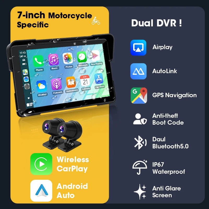 JMCQ Motorcycle DVR GPS Multimedia Player CarPlay IPX7