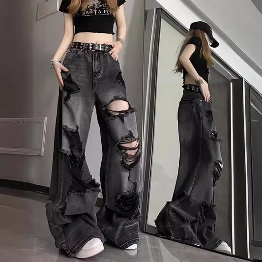 Unique Distressed Loose Fit Bell Bottom Jeans for Women