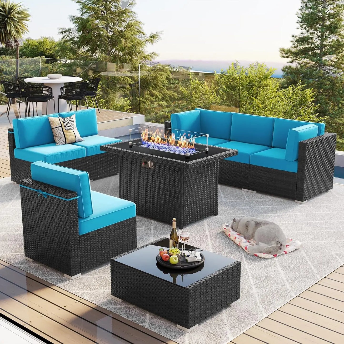 Outdoor Wicker Rattan Conversation Set With Fire Pit Table 15 Piece Patio Furniture Set