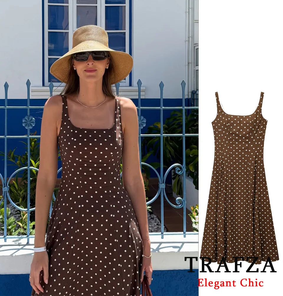 TRAFZA Vintage Polka Dot Suspender Midi Dress For Women